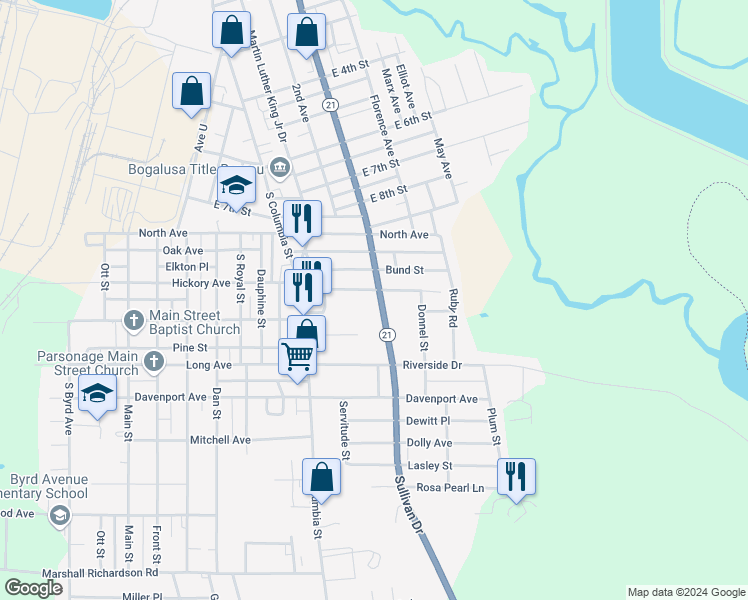 map of restaurants, bars, coffee shops, grocery stores, and more near 1005 Sullivan Drive in Bogalusa
