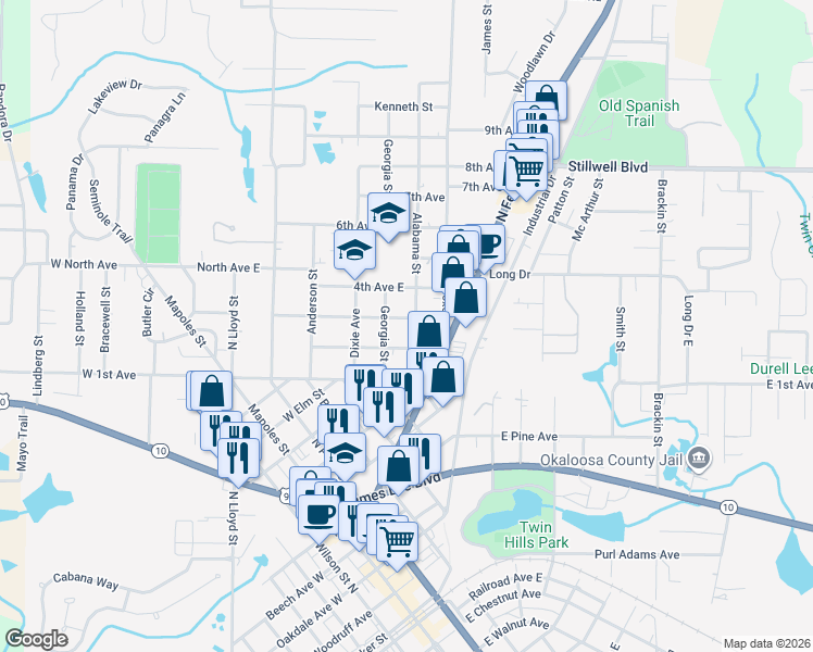 map of restaurants, bars, coffee shops, grocery stores, and more near 297 Alabama Street in Crestview