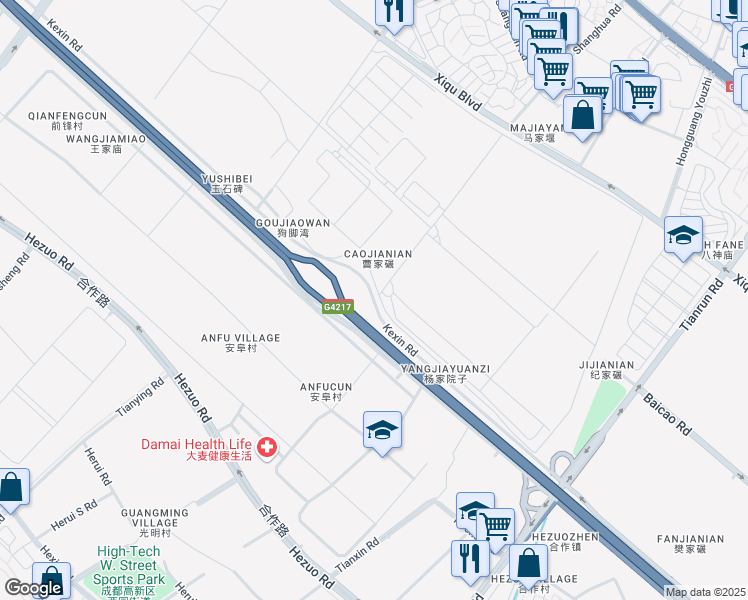 map of restaurants, bars, coffee shops, grocery stores, and more near Ke Xin Lu in Cheng Du Shi
