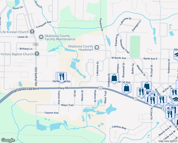 map of restaurants, bars, coffee shops, grocery stores, and more near 800 Spring Creek Boulevard in Crestview