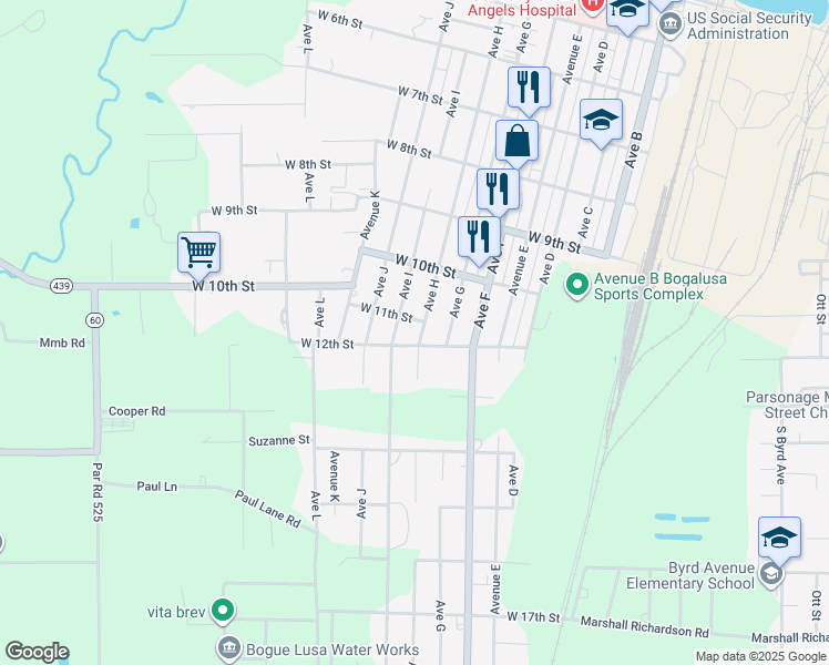 map of restaurants, bars, coffee shops, grocery stores, and more near 715 West 12th Street in Bogalusa