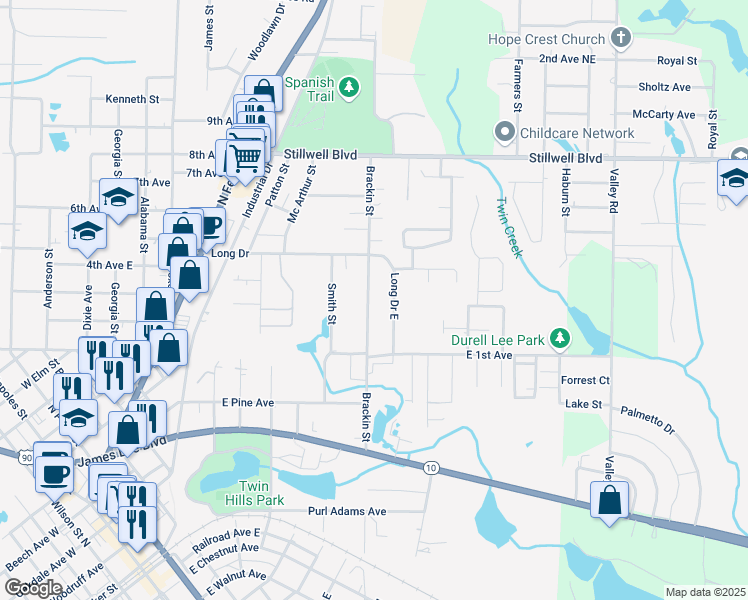 map of restaurants, bars, coffee shops, grocery stores, and more near 363 Brackin Street in Crestview