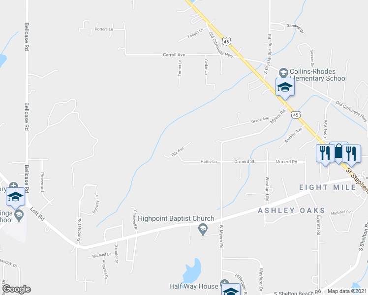 map of restaurants, bars, coffee shops, grocery stores, and more near 5105 Ella Avenue in Prichard