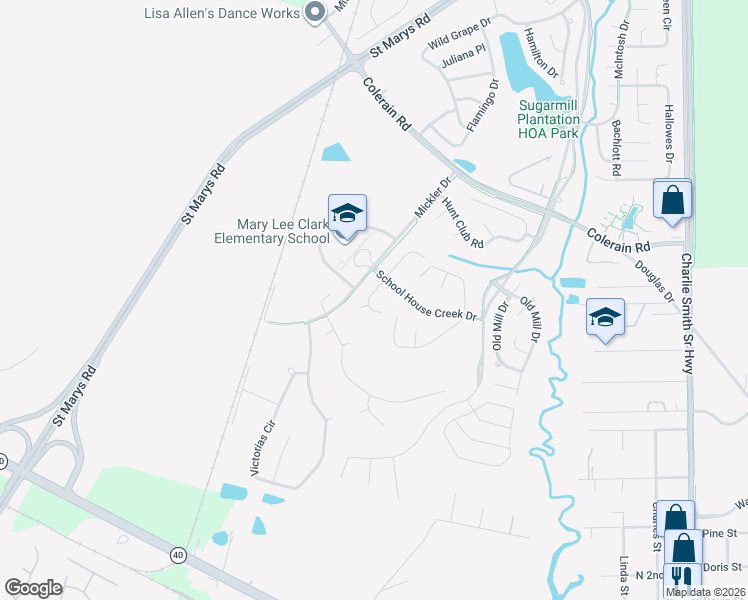 map of restaurants, bars, coffee shops, grocery stores, and more near 1103 Sussex Street in St. Marys