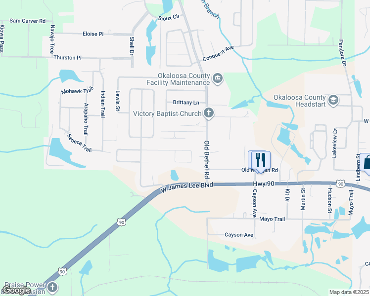map of restaurants, bars, coffee shops, grocery stores, and more near 2176 Hagood Loop in Crestview