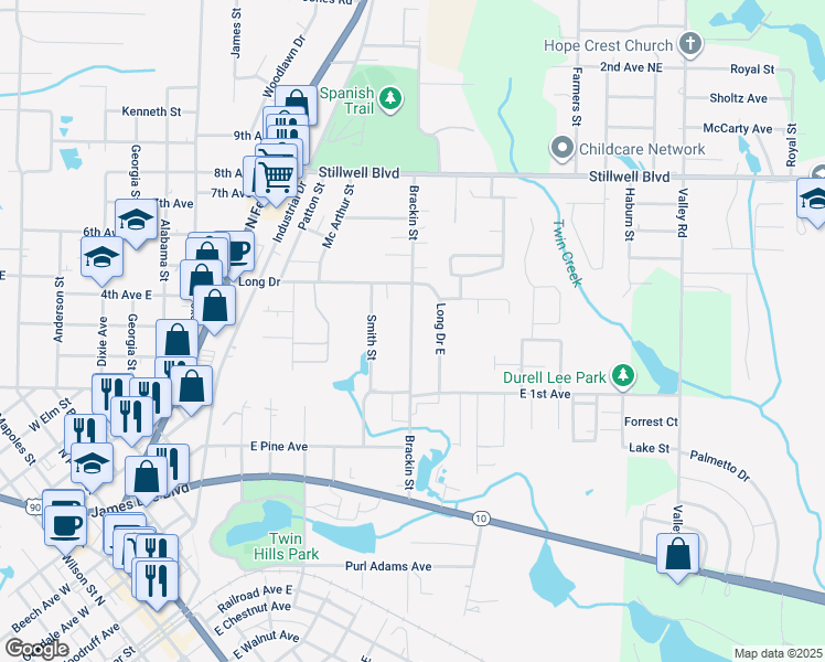 map of restaurants, bars, coffee shops, grocery stores, and more near 363b Brackin Street in Crestview