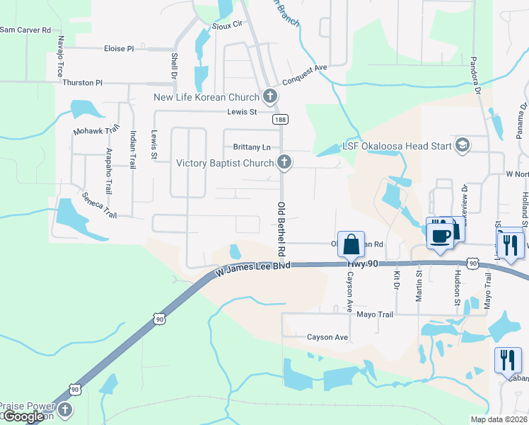 map of restaurants, bars, coffee shops, grocery stores, and more near 5424 Old Bethel Road in Crestview