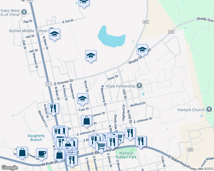 map of restaurants, bars, coffee shops, grocery stores, and more near 801 North Rhomberg Street in Burnet