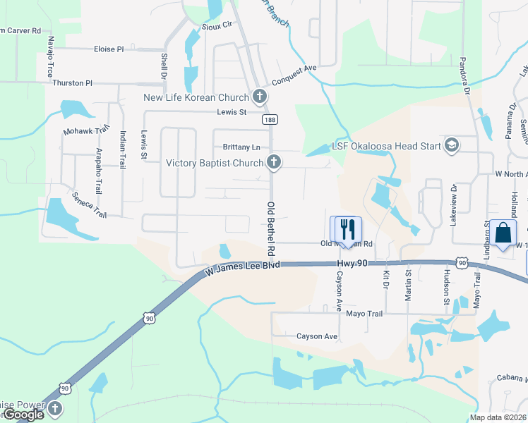 map of restaurants, bars, coffee shops, grocery stores, and more near 5424 Old Bethel Road in Crestview