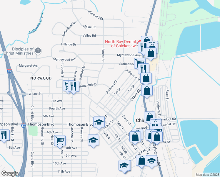 map of restaurants, bars, coffee shops, grocery stores, and more near 301 Jackson Street in Chickasaw
