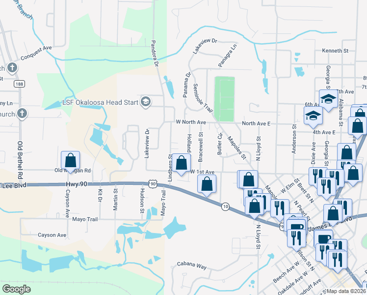 map of restaurants, bars, coffee shops, grocery stores, and more near 250 Holland Street in Crestview