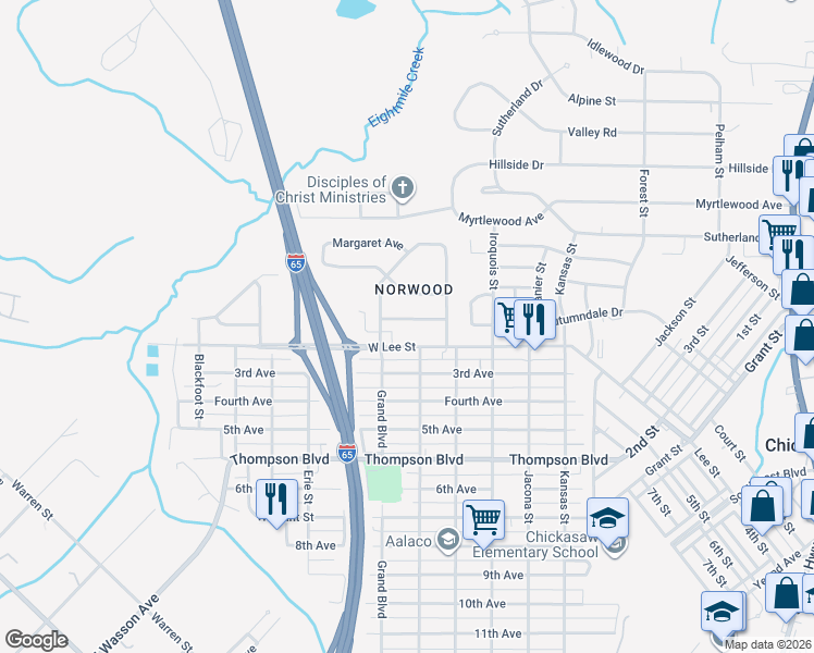 map of restaurants, bars, coffee shops, grocery stores, and more near 15 Edinborough Avenue in Chickasaw