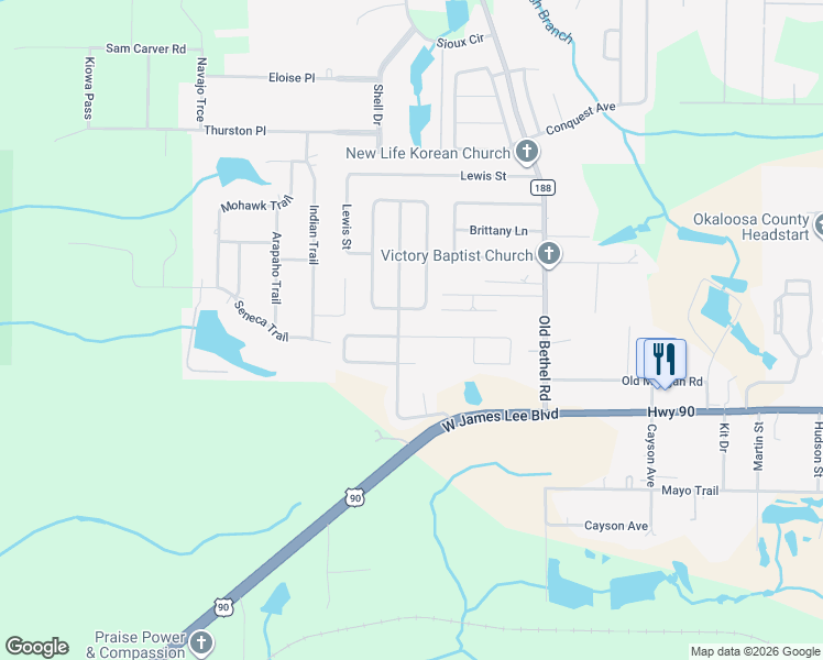 map of restaurants, bars, coffee shops, grocery stores, and more near 2150 Hagood Loop in Crestview