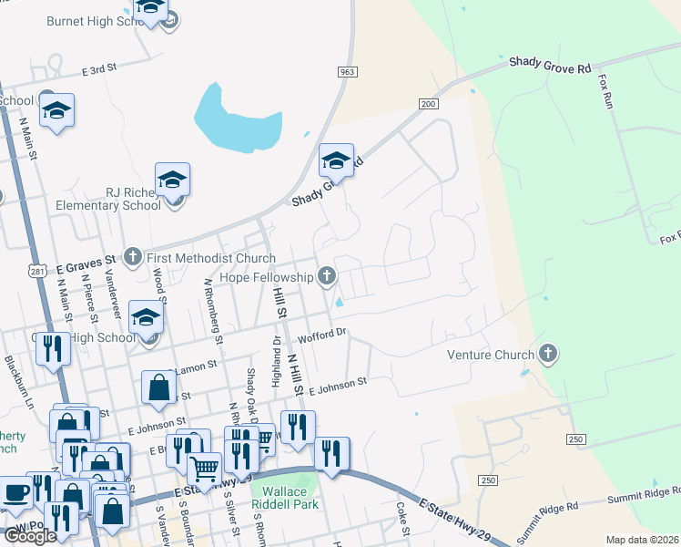 map of restaurants, bars, coffee shops, grocery stores, and more near 703 East Applewood Drive in Burnet