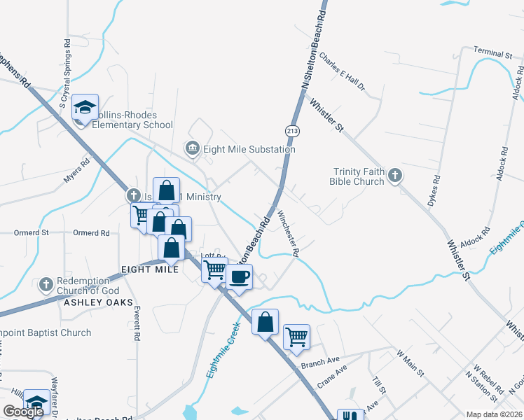 map of restaurants, bars, coffee shops, grocery stores, and more near 214 South Shelton Beach Road in Prichard