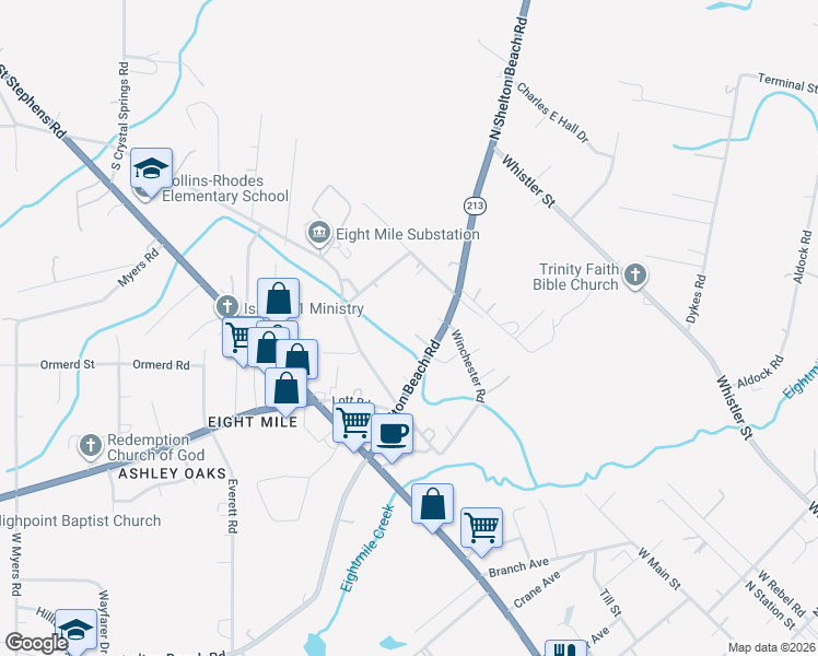 map of restaurants, bars, coffee shops, grocery stores, and more near 214 South Shelton Beach Road in Prichard