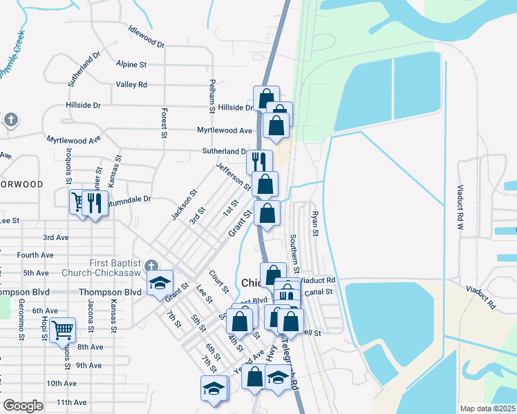 map of restaurants, bars, coffee shops, grocery stores, and more near 460 Grant Street in Chickasaw