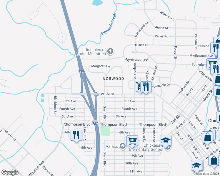 map of restaurants, bars, coffee shops, grocery stores, and more near 15 Edinborough Avenue in Chickasaw