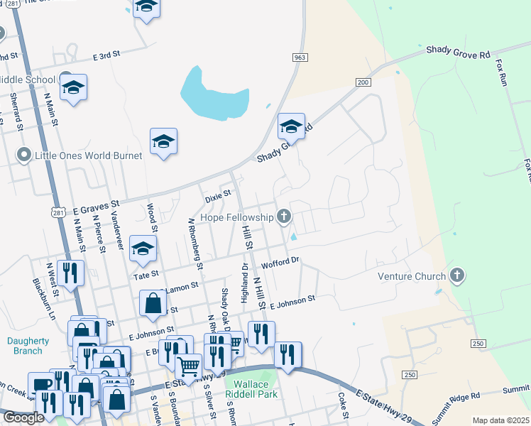 map of restaurants, bars, coffee shops, grocery stores, and more near 807 Mildred Avenue in Burnet