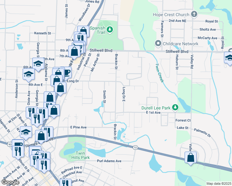map of restaurants, bars, coffee shops, grocery stores, and more near 363 Brackin Avenue in Crestview