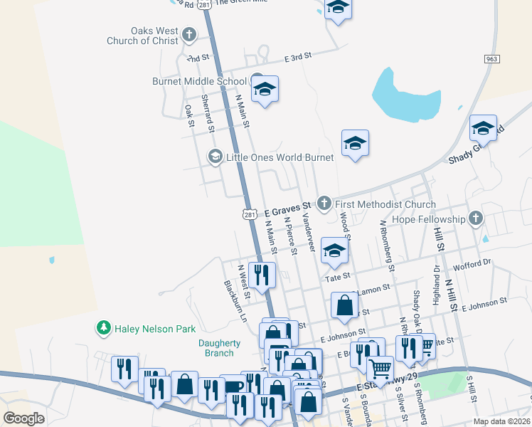 map of restaurants, bars, coffee shops, grocery stores, and more near 1000 North Main Street in Burnet