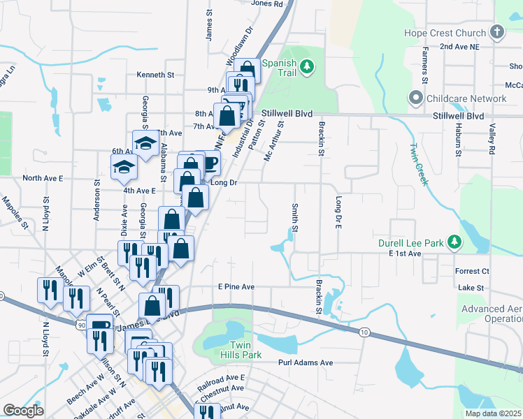 map of restaurants, bars, coffee shops, grocery stores, and more near 209 Bent Creek Road in Crestview