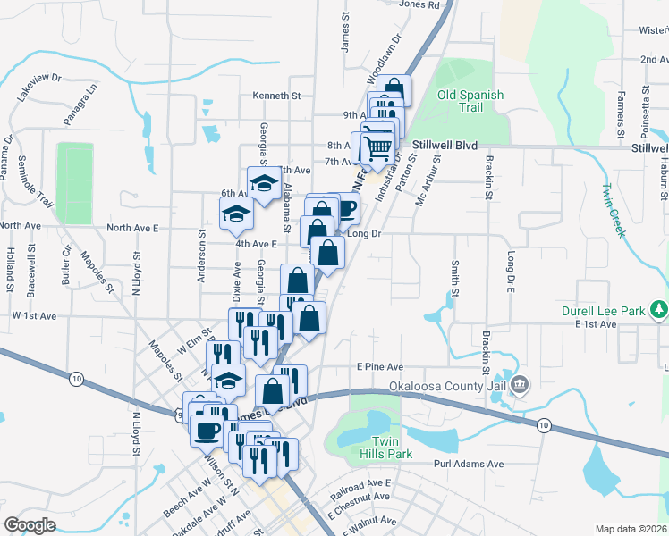map of restaurants, bars, coffee shops, grocery stores, and more near 625 North Ferdon Boulevard in Crestview