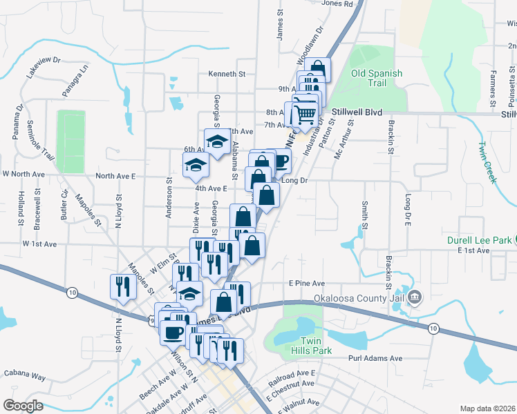 map of restaurants, bars, coffee shops, grocery stores, and more near 222 Texas Parkway in Crestview
