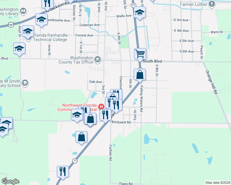 map of restaurants, bars, coffee shops, grocery stores, and more near 872 Chesnut Hill Street in Chipley