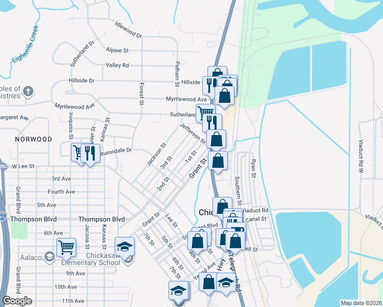 map of restaurants, bars, coffee shops, grocery stores, and more near 316 2nd Street in Chickasaw