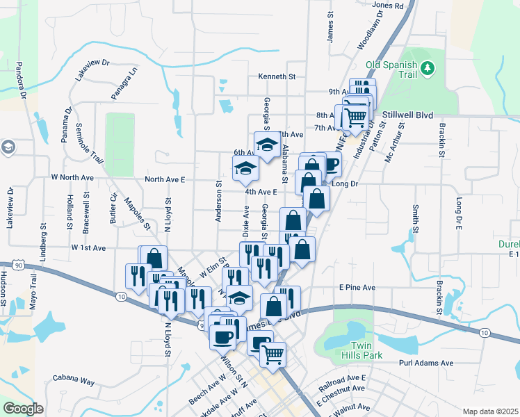 map of restaurants, bars, coffee shops, grocery stores, and more near 301 Georgia Street in Crestview