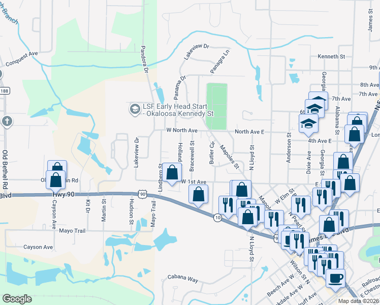 map of restaurants, bars, coffee shops, grocery stores, and more near 258 Bracewell Street in Crestview