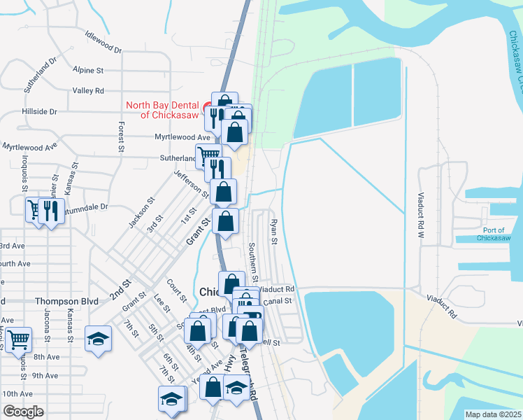 map of restaurants, bars, coffee shops, grocery stores, and more near 67 Sidewalk Street in Chickasaw