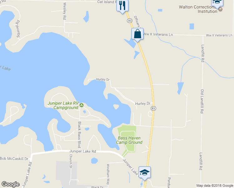 map of restaurants, bars, coffee shops, grocery stores, and more near 295 Hurley Drive in DeFuniak Springs