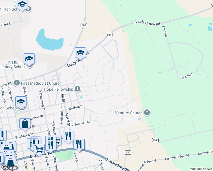 map of restaurants, bars, coffee shops, grocery stores, and more near 1410 Adam in Burnet