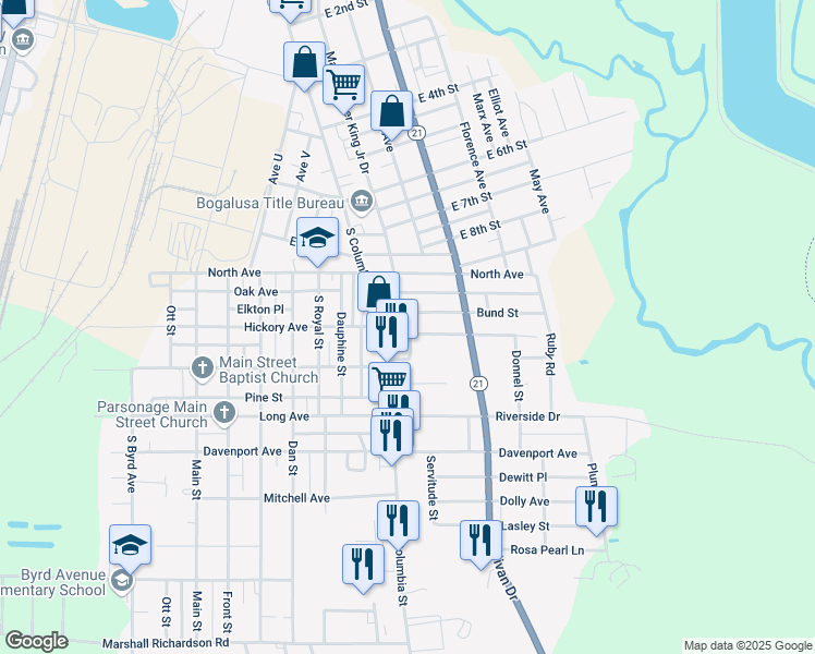 map of restaurants, bars, coffee shops, grocery stores, and more near 1613 Saint Louis Street in Bogalusa
