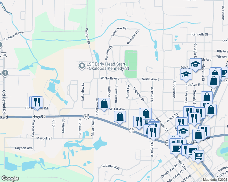 map of restaurants, bars, coffee shops, grocery stores, and more near 258 Bracewell Street in Crestview