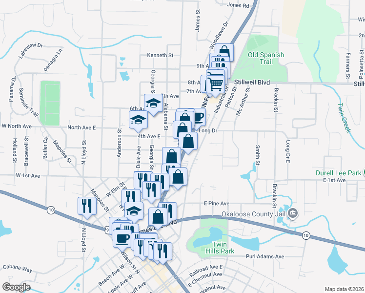 map of restaurants, bars, coffee shops, grocery stores, and more near 222 Texas Parkway in Crestview