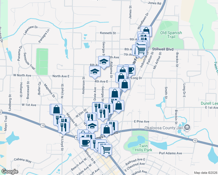 map of restaurants, bars, coffee shops, grocery stores, and more near 297 Alabama Street in Crestview