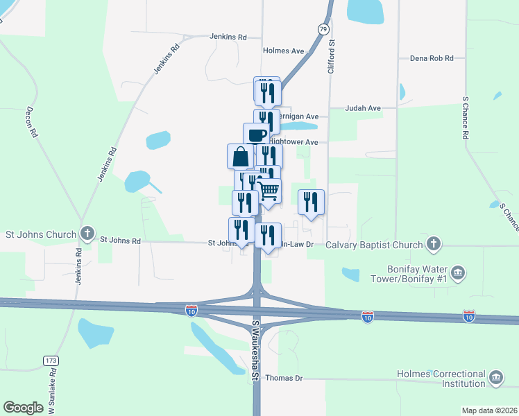 map of restaurants, bars, coffee shops, grocery stores, and more near South Waukesha Street in Bonifay