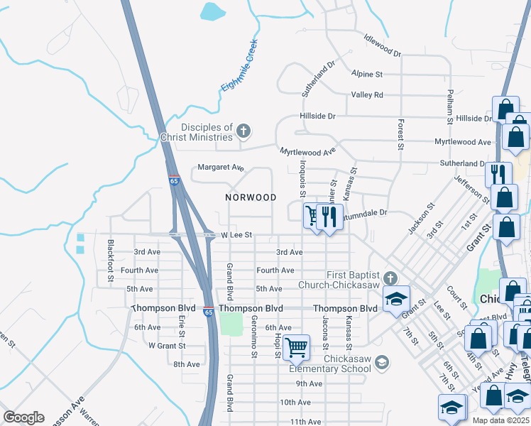 map of restaurants, bars, coffee shops, grocery stores, and more near 4 Edinborough Avenue in Chickasaw