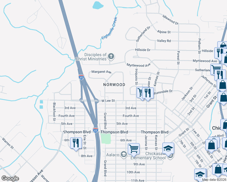 map of restaurants, bars, coffee shops, grocery stores, and more near 14 Edinborough Avenue in Chickasaw