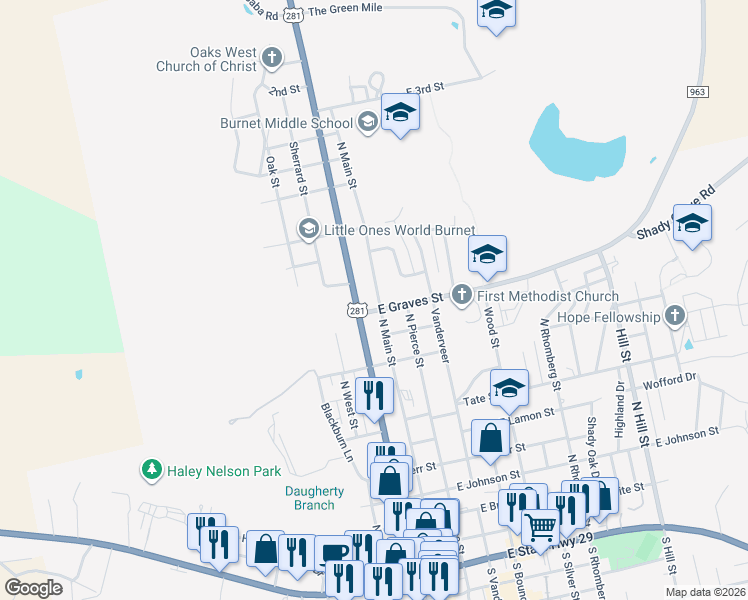 map of restaurants, bars, coffee shops, grocery stores, and more near 1000 North Main Street in Burnet