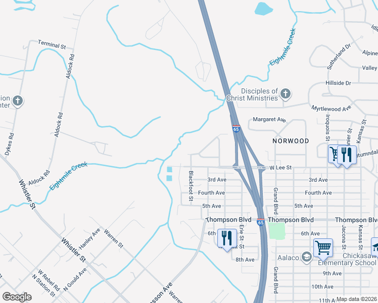 map of restaurants, bars, coffee shops, grocery stores, and more near 538 Woodlore Drive in Chickasaw