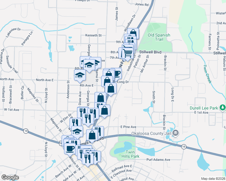 map of restaurants, bars, coffee shops, grocery stores, and more near 641 North Ferdon Boulevard in Crestview