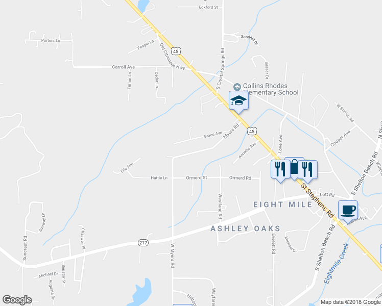 map of restaurants, bars, coffee shops, grocery stores, and more near 1631 Myers Road in Prichard