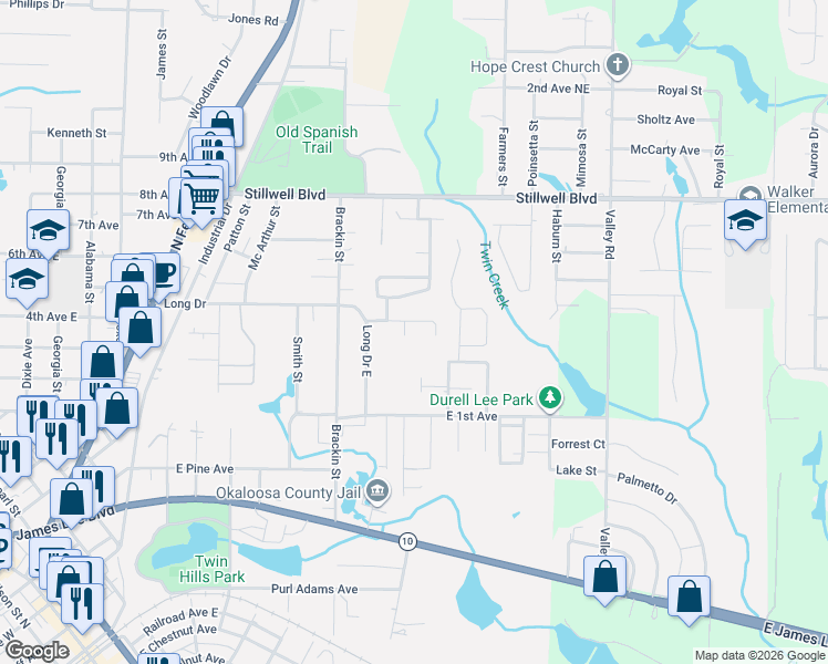 map of restaurants, bars, coffee shops, grocery stores, and more near 245 Wainwright Drive in Crestview