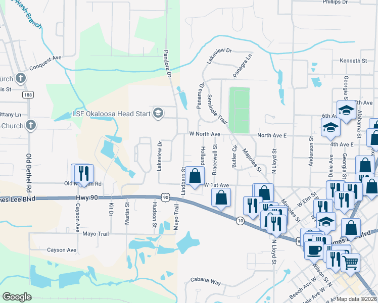 map of restaurants, bars, coffee shops, grocery stores, and more near 250 Holland Street in Crestview