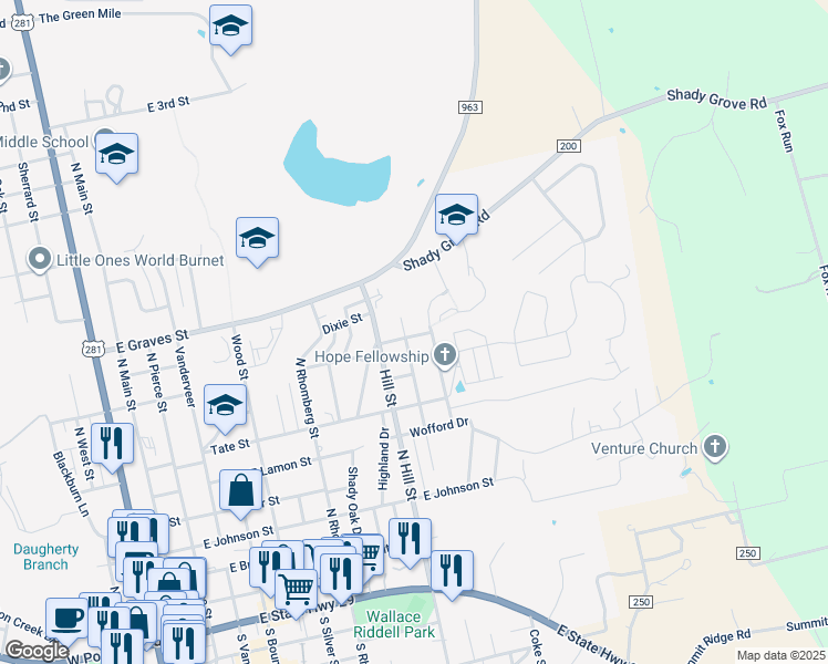 map of restaurants, bars, coffee shops, grocery stores, and more near 807 Mildred Avenue in Burnet