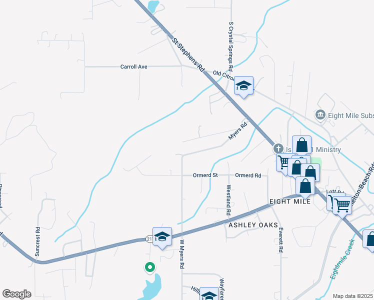 map of restaurants, bars, coffee shops, grocery stores, and more near 4936 Myers Road in Prichard